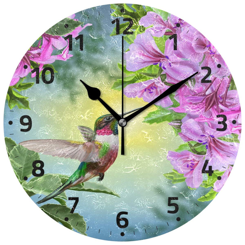 NewNest Australia - Wamika Hummingbirds Bird Flower Wall Clock Battery Operated Non Ticking Silent Round Acrylic Spring Summer Bird Purple Floral Quartz Decorative Clock for Kitchen Home Office School Easy to Read Hummingbird 