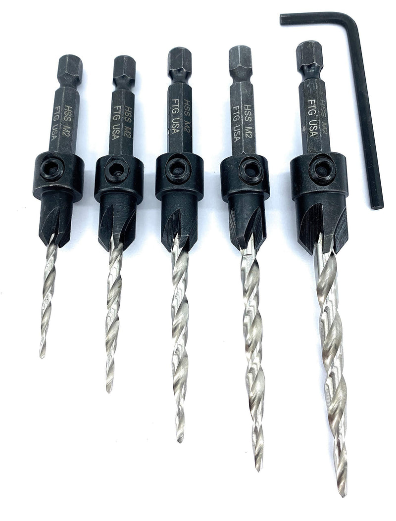 FTG USA Maximum Torque - Adjustable Wood Countersink Drill Bit Set #4, 6, 8, 10, 12 with Woodworking HSS Tapered Bits Secured with Pin and Hex Wrench (1/8" Allen Key) (Without Depth Stop Collar) without Depth Stop Collars - NewNest Australia