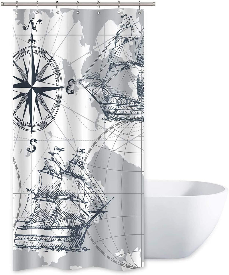 Riyidecor Stall Nautical Sailboat Map Shower Curtain 36Wx72H Inch Boys Boat Sketch Ship Wheel Compass Anchor Decor Fabric Polyester Waterproof Fabric 7 Pack Plastic Hooks White Grey - NewNest Australia