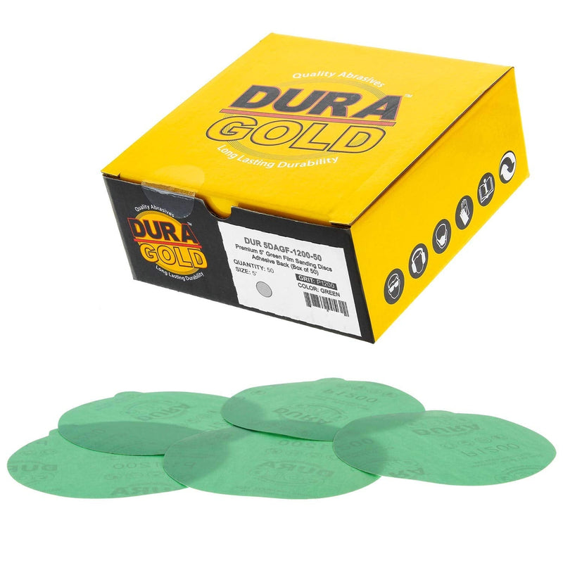 Dura-Gold Premium 5" Green Film PSA Sanding Discs - 1200 Grit (Box of 50) - Film Back Self Adhesive Stickyback Sandpaper Discs for DA Sander, Finishing Abrasive, Sand Automotive Paint Woodworking Wood 1200-Grit - NewNest Australia