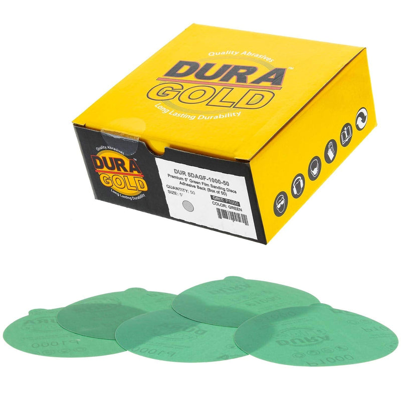 Dura-Gold Premium 5" Green Film PSA Sanding Discs - 1000 Grit (Box of 50) - Film Back Self Adhesive Stickyback Sandpaper Discs for DA Sander, Finishing Abrasive, Sand Automotive Paint Woodworking Wood 1000-Grit - NewNest Australia