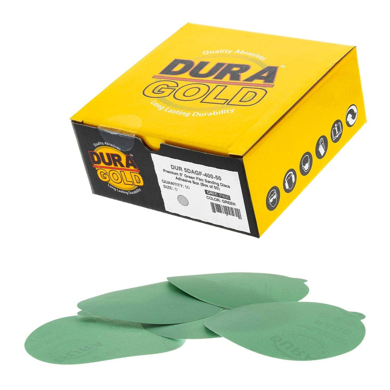 Dura-Gold Premium 5" Green Film PSA Sanding Discs - 400 Grit (Box of 50) - Film Back Self Adhesive Stickyback Sandpaper Discs for DA Sanders, Fast Cut Abrasive - Sand Automotive Paint Woodworking Wood 400-Grit - NewNest Australia