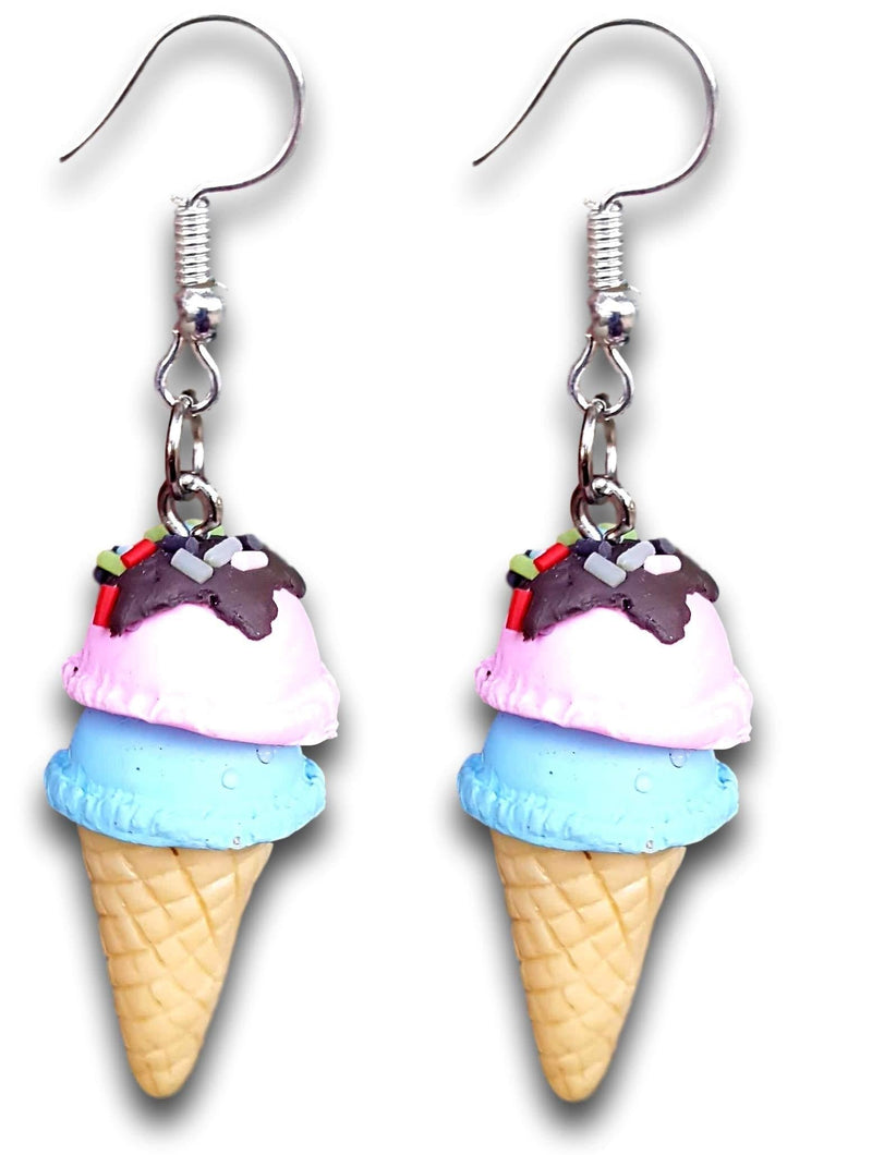 Pashal Double Scoop 3D Ice Cream Kawaii Cone with Sprinkels Dangle Drop Earrings Blue & Pink - NewNest Australia