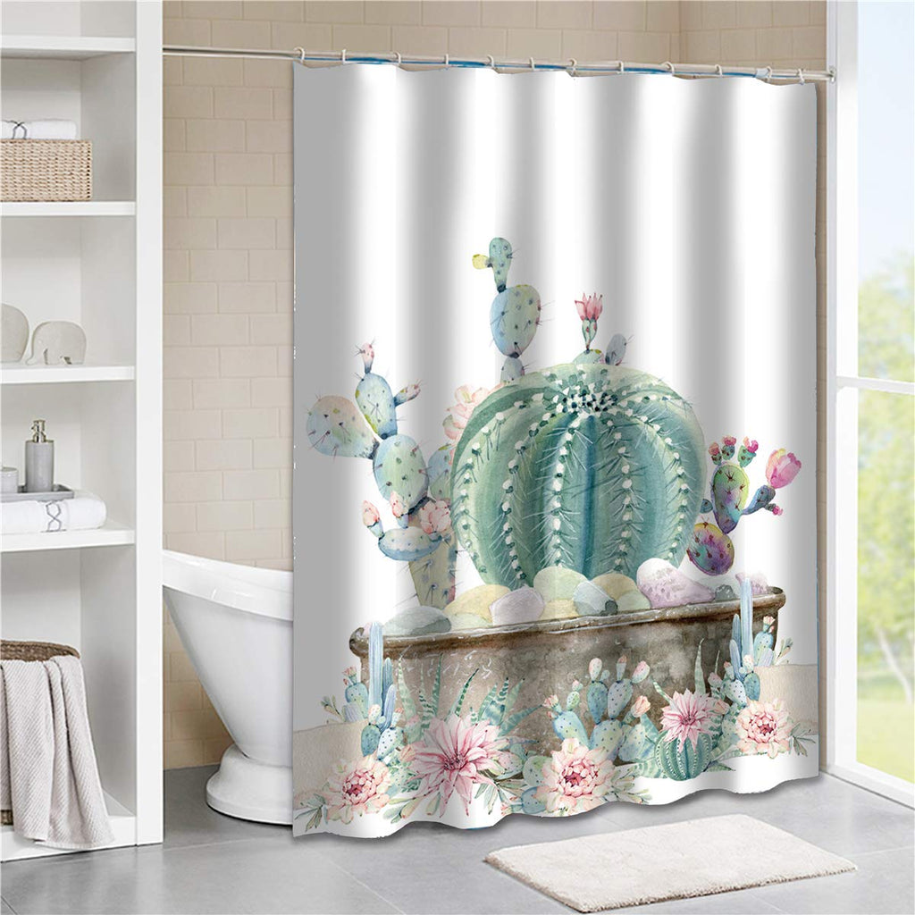 Tititex Cactus Floral Shower Curtain Sets, Tropical Succulent Pink Green Plants Bathroom Decor Polyester Fabric with Hooks 70 x 70 Inches, White - NewNest Australia