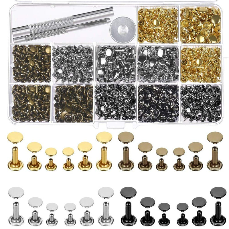 Selizo 480 Sets 4 Colors 3 Sizes Leather Rivets Double Cap Rivet Tubular Metal Studs with 3 Pieces Setting Tool Kit for Leather Craft Repairs Decoration - NewNest Australia