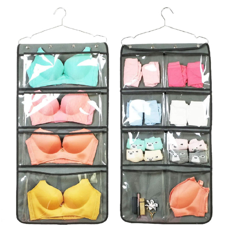 NIMES Durable Hanging Closet Underwear Sock Bra Stocking Organizer Dual-Sided Accessories Storage with 12 Large Clear Pockets (Grey) Grey - NewNest Australia