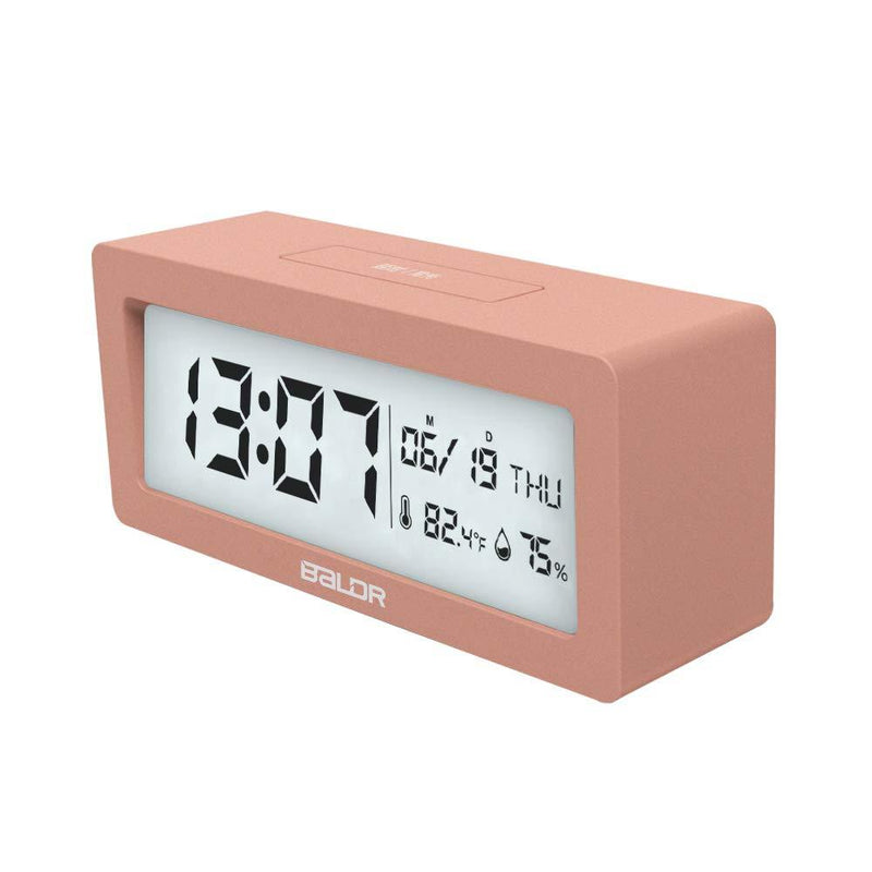 NewNest Australia - BALDR Compact Digital Alarm Clock with Ultra HD LCD Screen - Large Date & Time Display, Bedside Table Clock, Monitor Temperature & Humidity, Battery Operated Travel Alarm Clock Coral Pink 