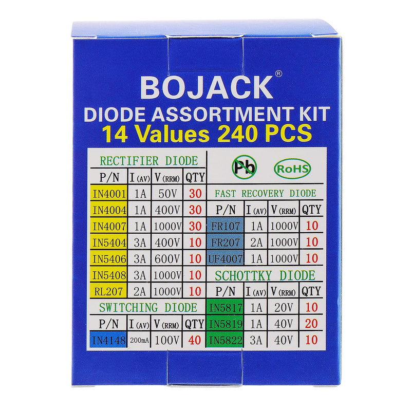 BOJACK 14 Value 240 pcs Diode Assortment Kit Contain Rectifier/Fast Recovery/Schottky/Switching Diode 1N4001 1N4004 1N4007 1N5404 1N5406 1N5408 RL207 FR107 FR207 UF4007 1N5817 1N5819 1N5822 1N4148 - NewNest Australia