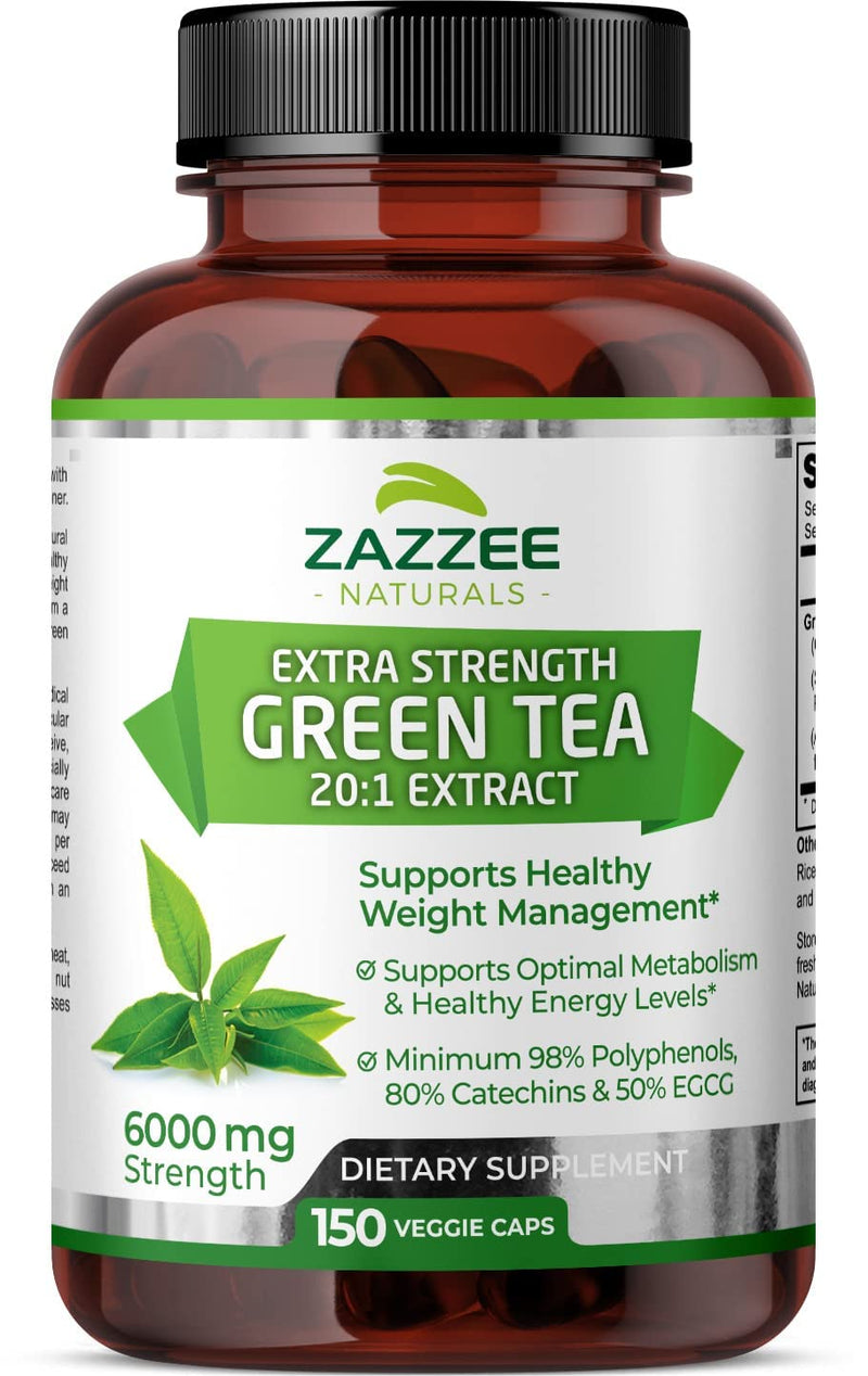 Zazzee Extra Strength Green Tea 20:1 Extract, 6000 mg Strength, 150 Vegan Capsules, 50% EGCG, 98% Polyphenols and 80% Catcehins, Potent 20x Extract, Up to 5 Month Supply, Vegan, All-Natural - NewNest Australia