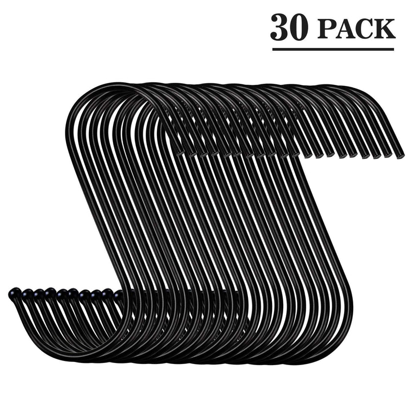 NewNest Australia - 30 Pack Black S Hooks Steel S Hanging Hooks Heavy Duty S Hanger Hook Metal Kitchen Pot Rack Hooks Closet Hooks Plants Hooks for Hanging Pot, Pan, Cups, Plants, Bags, Jeans, Towels 