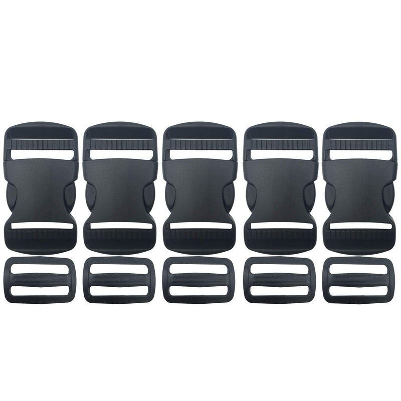 EesTeck 5 Set 1.25" Flat Buckles Dual Adjustable Buckles and Tri-Glide Slides Quick Side Release Buckle for Luggage Straps Pet Collar Backpack Repairing (Black，Fit For 1.25”/32mm Webbing Straps) 1.25"-5 Pack - NewNest Australia