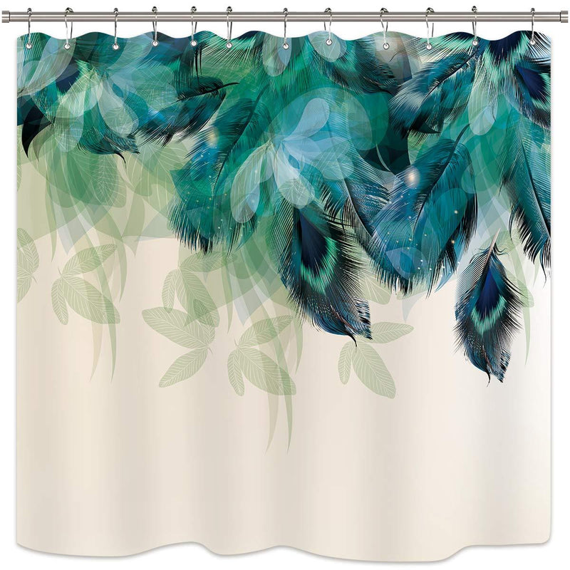 Riyidecor Watercolor Peacock Feather Shower Curtain Teal Blue Turquoise Floral Green Leaf Bathroom Home Decor Set Panel Fabric Woman Waterproof Bathtub 72x72 Inch Included 12 Pack Plastic Shower Hook 72Wx72H - NewNest Australia