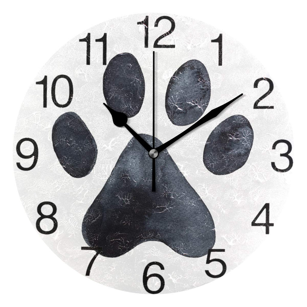 NewNest Australia - senya Black Dog Paw Print Design Round Wall Clock, Silent Non Ticking Oil Painting Decorative for Home Office School Clock Art 
