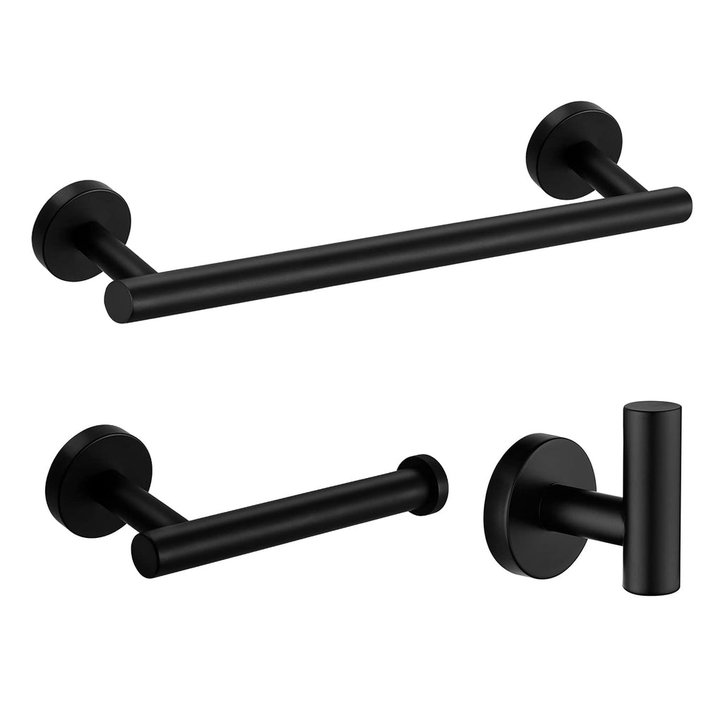 Nolimas 3-Pieces Set Matte Black Bathroom Hardware Set SUS304 Stainless Steel Round Wall Mounted - Includes 12" Hand Towel Bar,Toilet Paper Holder, Robe Towel Hooks,Bathroom Accessories Kit - NewNest Australia