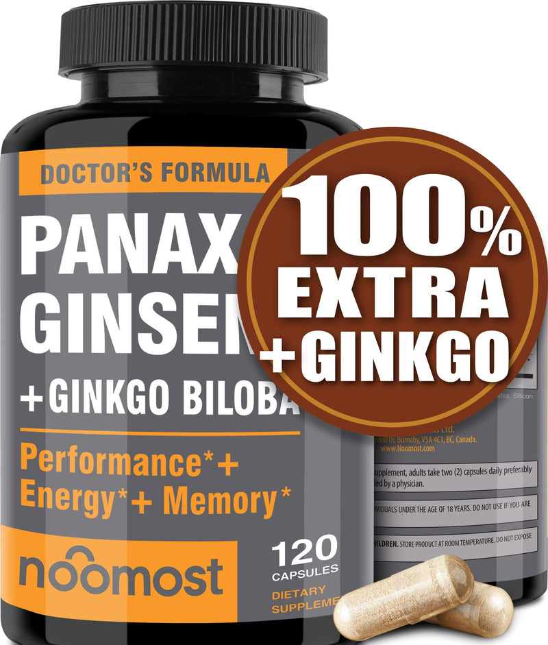 Authentic Korean Red Panax Ginseng + Ginkgo Biloba, 120 Vegan Capsules, Ginseng Root Extract Powder 1000mg (10% Ginsenosides) + Gingko Biloba 60mg, Energy and Focus Pills for Men and Women by NooMost 1 - NewNest Australia