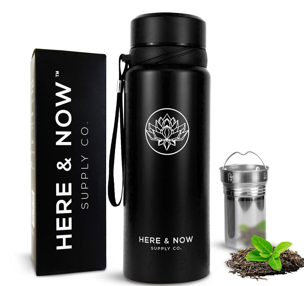 NewNest Australia - 25 oz Multi-Function Travel Mug and Tumbler | Tea Infuser Water Bottle | Fruit Infused Flask | Hot & Cold Double Wall Stainless Steel Coffee Thermos | by Here & Now Supply Co. (Zen Black) Zen Black 