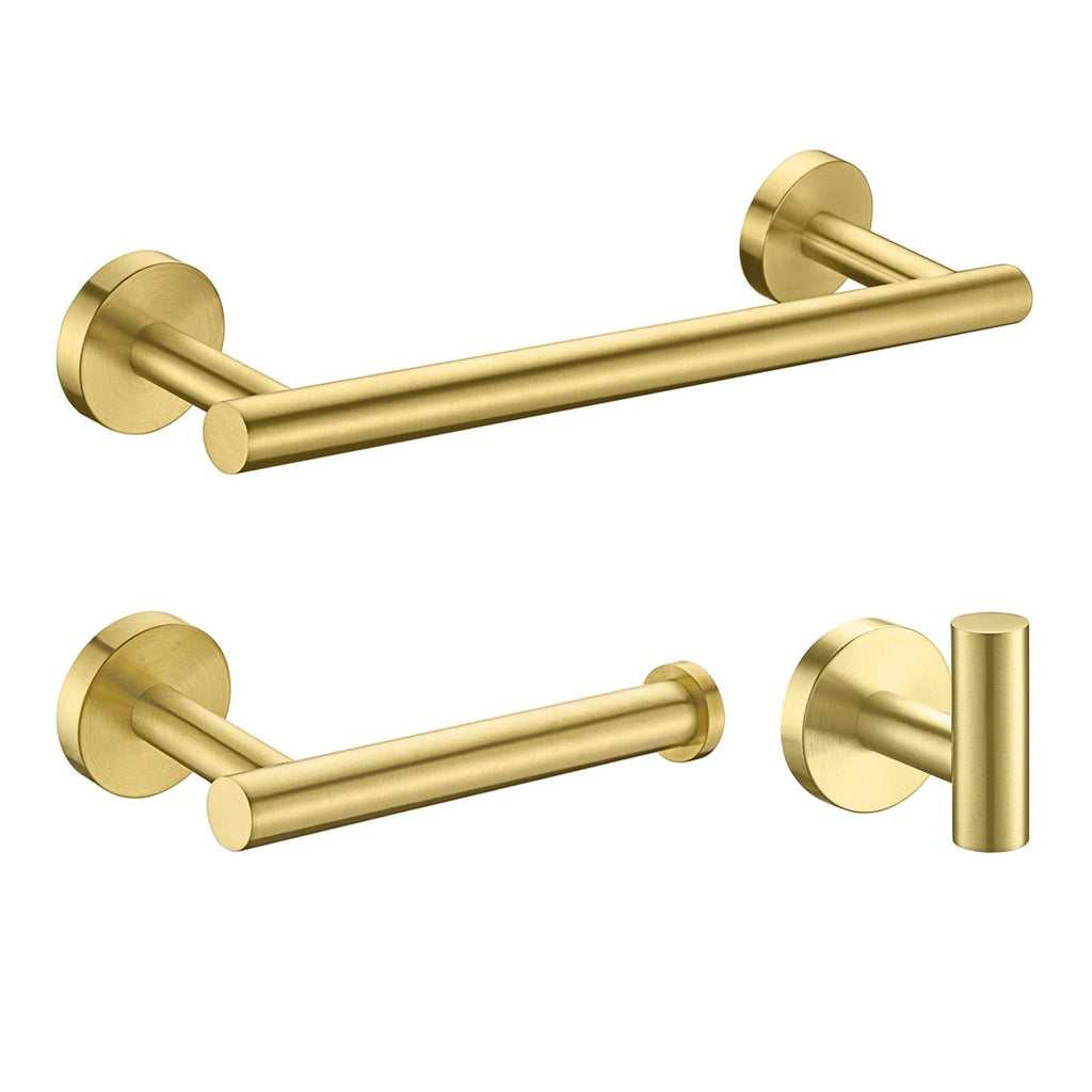 Nolimas 3-Pieces Brushed Gold Bathroom Hardware Set SUS304 Stainless Steel Round Wall Mounted Includes 12" Hand Towel Bar,Toilet Paper Holder,Robe Towel Hooks,Bathroom Accessories Kit - NewNest Australia