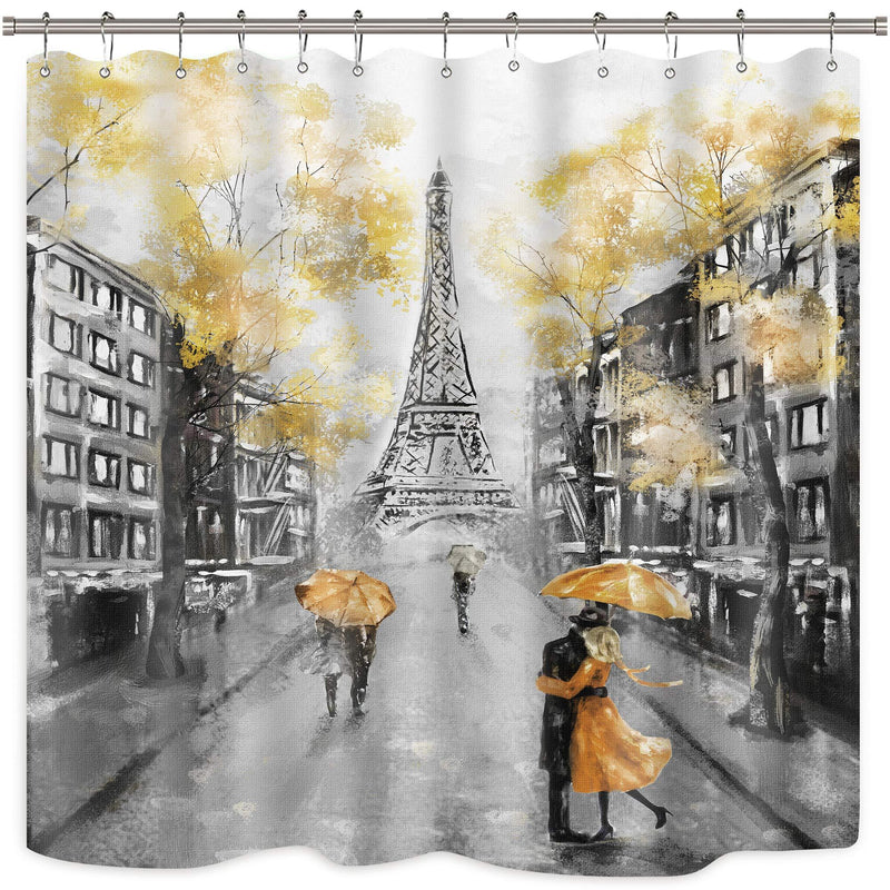 Riyidecor Paris Shower Curtain Black Yellow Eiffel Tower Oil Painting Couple European City Landscape France Modern Fabric Waterproof Bathroom Home Decor 72x72 Inch 12 Plastic Shower Hooks 72Wx72H - NewNest Australia