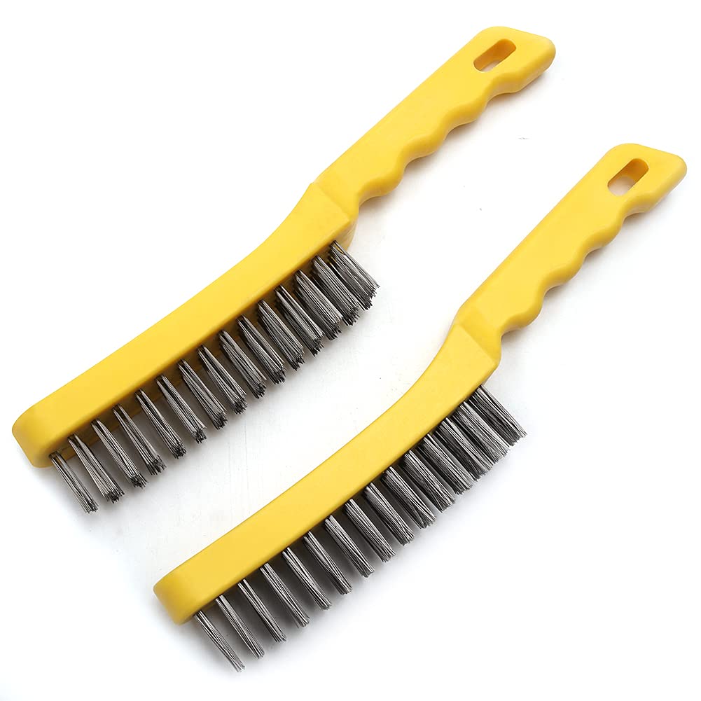 Wire Scratch Brush 2 Set, Heavy Duty Stainless Steel 11 Inch with Plastic Handle Descaling Welding Dust Bending Hand Tool, Teel Brush Rust Remover for Metal by MAXMAN Yellow - NewNest Australia