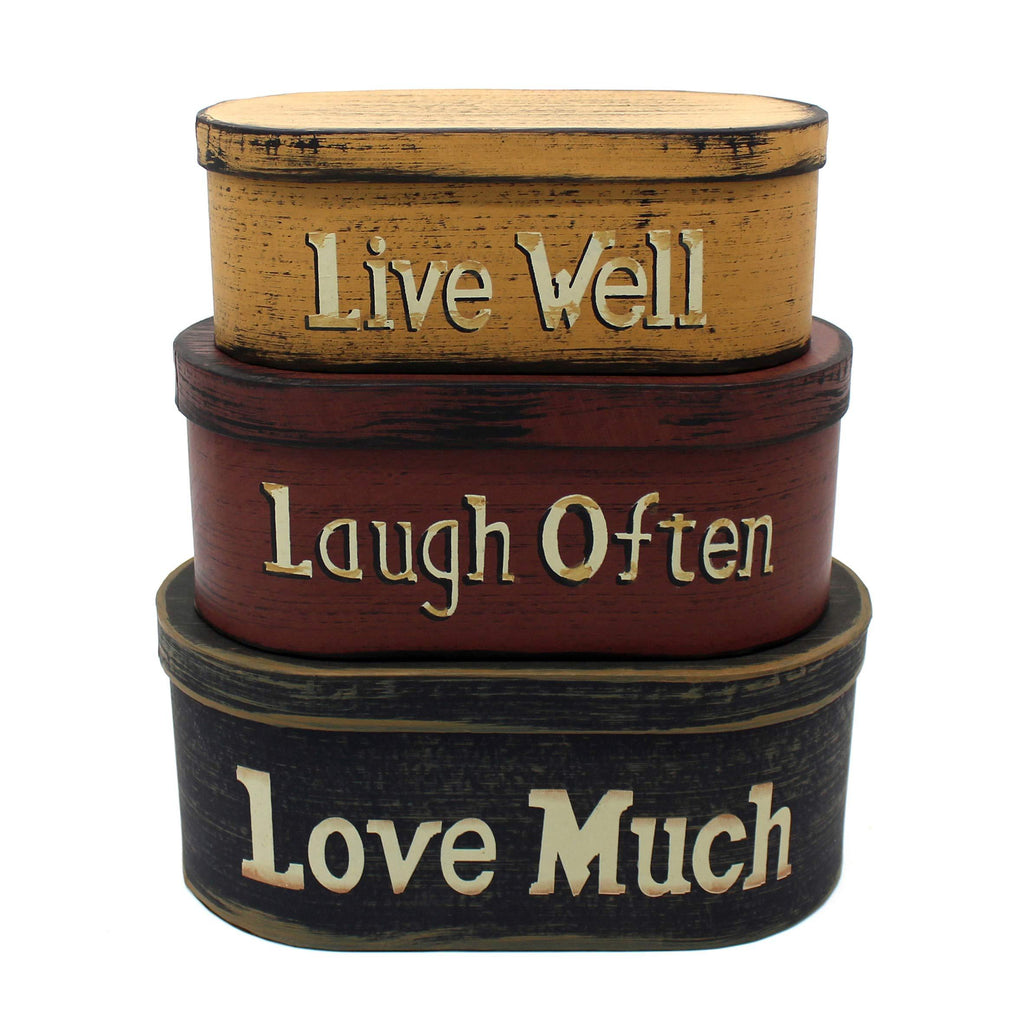 NewNest Australia - CVHOMEDECO. Primitives Vintage Oval “Live Well, Laugh Often, Love Much” Cardboard Nesting Boxes, Large 9-3/4 x 5-1/2 x 4 Inch, Set of 3. Live Well, Laugh Often, Love Much 