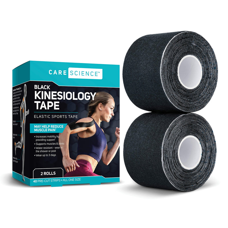 Care Science Waterproof Kinesiology Tape, 40 ct Precut Strips (2 Rolls), Black | Elastic Sports & Weightlifting Tape Supports Muscles & Joints. Water Resistant - NewNest Australia