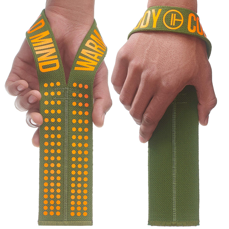 WARM BODY COLD MIND V1 Lifting Wrist Straps for Olympic Weightlifting, Powerlifting, Bodybuilding, Functional Strength Training, for Crossfit - Heavy-Duty Cotton Wrist Wraps, Pair Khaki/Orange - NewNest Australia