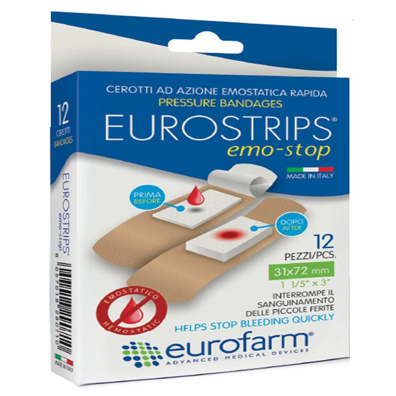 Eurostrips Emo-Stop 1 1/4 x 2 7/8 Inches Adhesive Bandages Central Pad Composed of Super-Absorbent Expandable Fibers That Stop The Bleeding, Breathable, and Hypoallergenic (12 Pieces) - NewNest Australia