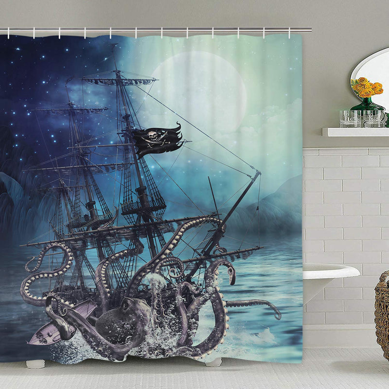 Octopus Shower Curtain Ocean Kraken Attack Nautical Pirate Ship Shower Curtain with 12 Hooks, Octopus Tentacles Sailboat Wave Mountain Under Moon Starry Sky Shower Curtain, Waterproof Durable A Octopus Ship 70" L x 69" W - NewNest Australia