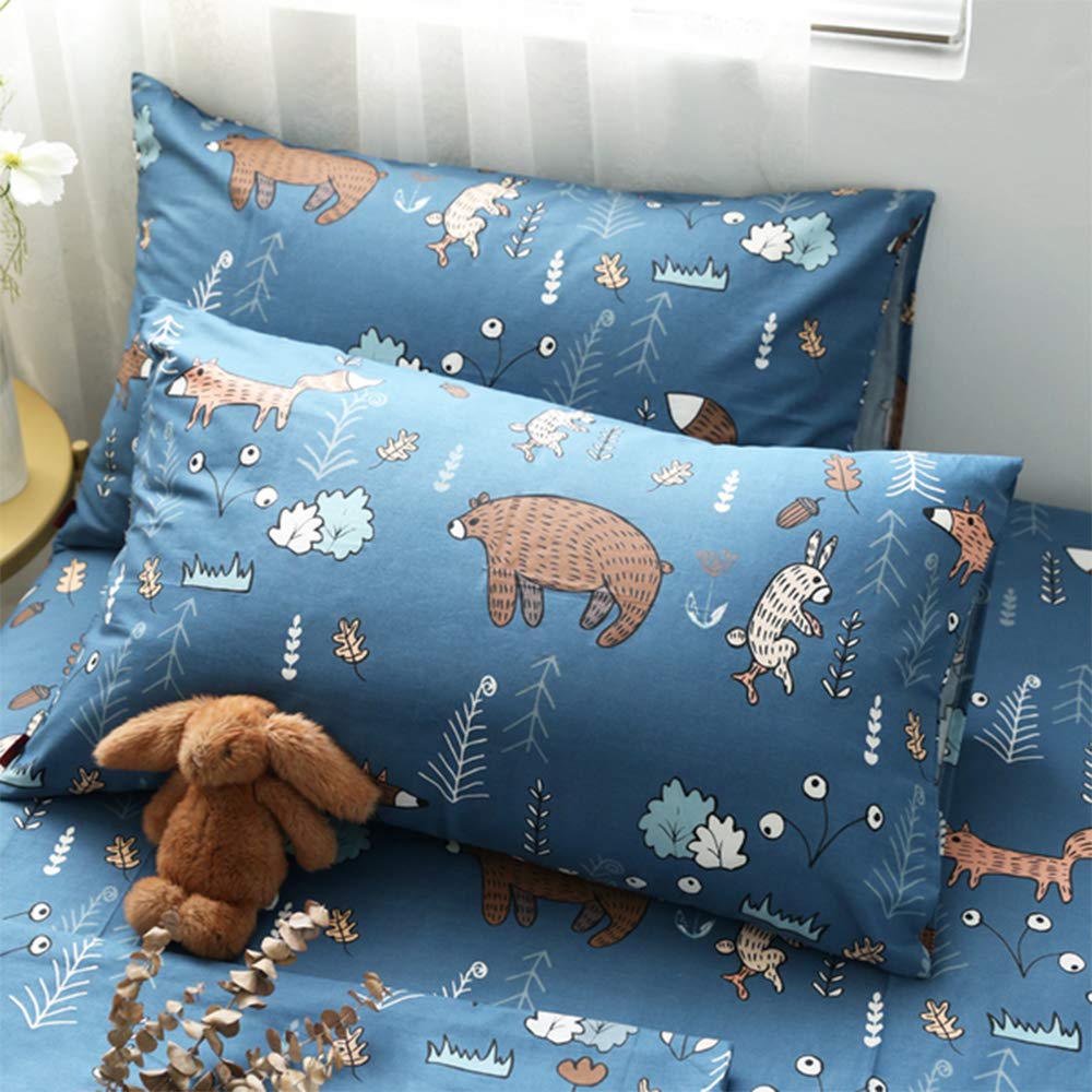 Wellboo Bear Pillowcases Blue Cute Animal Pillow Shams Cotton Kids Boys Girls Pillow Covers Forest Plants Rabbit Fox Children Pillow Cases Soft Health Breathable Envelope Closure Pack of 2 Blue Bear 20"*26" - NewNest Australia