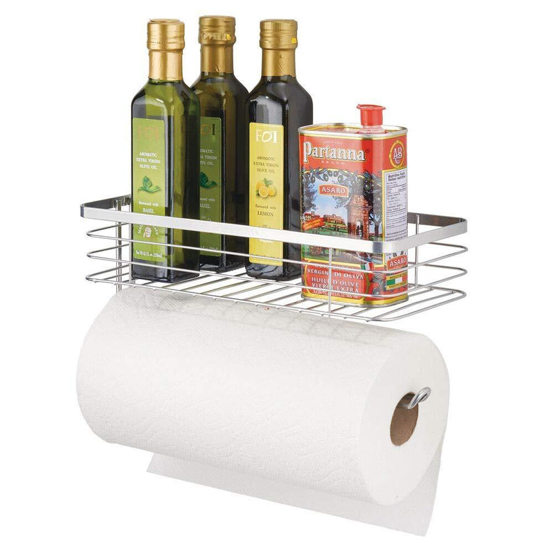 NewNest Australia - mDesign Paper Towel Holder with Spice Rack and Multi-Purpose Shelf - Wall Mount Storage Organizer for Kitchen, Pantry, Laundry, Garage - Durable Metal Wire Design - Chrome 