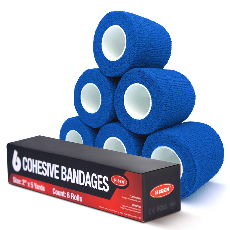 RISEN Cohesive Bandage Cohesive Bandage 2” x 5 Yards, 6 Rolls, Self Adherent Wrap Medical Tape, Adhesive Flexible Breathable First Aid Gauze Ideal for Stretch Athletic(Blue) Blue - NewNest Australia