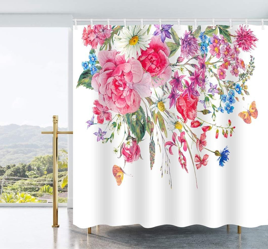 AO BLARE Flower Shower Curtain Watercolor Bouquets Wildflowers Roses Daisies Butterflies Natural Summer Waterproof Fabric Shower Curtain Set with Hooks 72 X 72 Inches - NewNest Australia