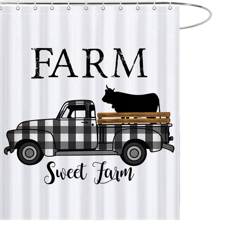 MAEZAP Farm Sweet Farm Farmhouse Fall Cow Shower Curtain Black and White Check Plaids Truck Bathroom Decor Waterproof Polyester with Hooks 69x70 Inchs - NewNest Australia