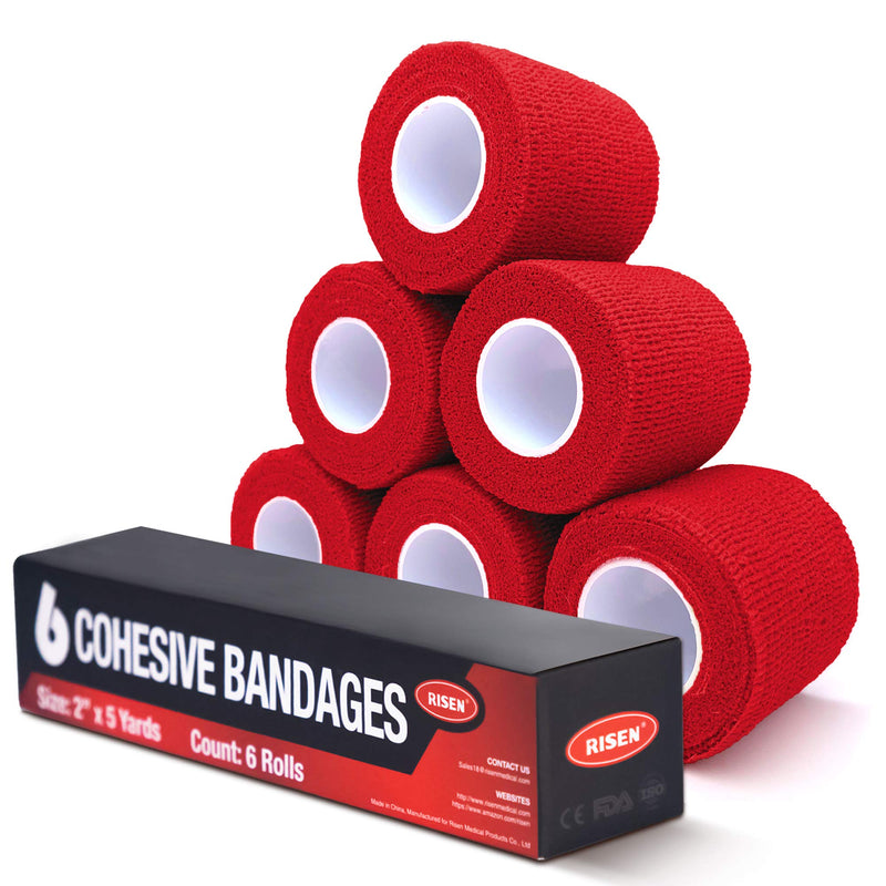 RISEN Cohesive Bandage 2” x 5 Yards, 6 Rolls, Self Adherent Wrap Medical Tape, Adhesive Flexible Breathable First Aid Gauze Ideal for Stretch Athletic, Ankle Sprains & Swelling, Sports(Red) Red - NewNest Australia