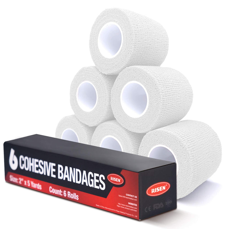 RISEN Cohesive Bandage 2” x 5 Yards, 6 Rolls, Self Adherent Wrap Medical Tape, Adhesive Flexible Breathable First Aid Gauze Ideal for Stretch Athletic(White) White - NewNest Australia