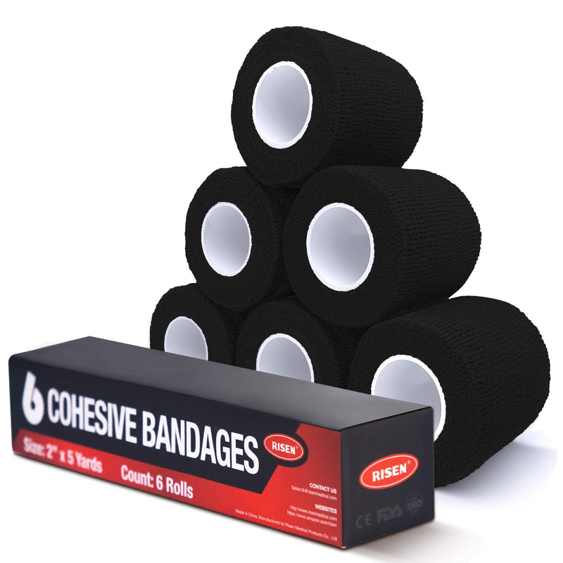 RISEN Cohesive Bandage 2” x 5 Yards, 6 Rolls, Self Adherent Wrap Medical Tape, Adhesive Flexible Breathable First Aid Gauze Ideal for Stretch Athletic, Ankle Sprains & Swelling, Sports(Black) Black - NewNest Australia