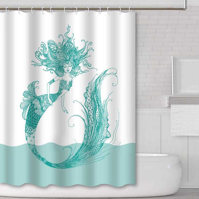 Tititex Mermaid Shower Curtain White Decor Goldfish Tail Green Mermaid Mythological Young Girl Cartoon Series Bathroom Curtain Sets with Hooks 69x70 Inch - NewNest Australia