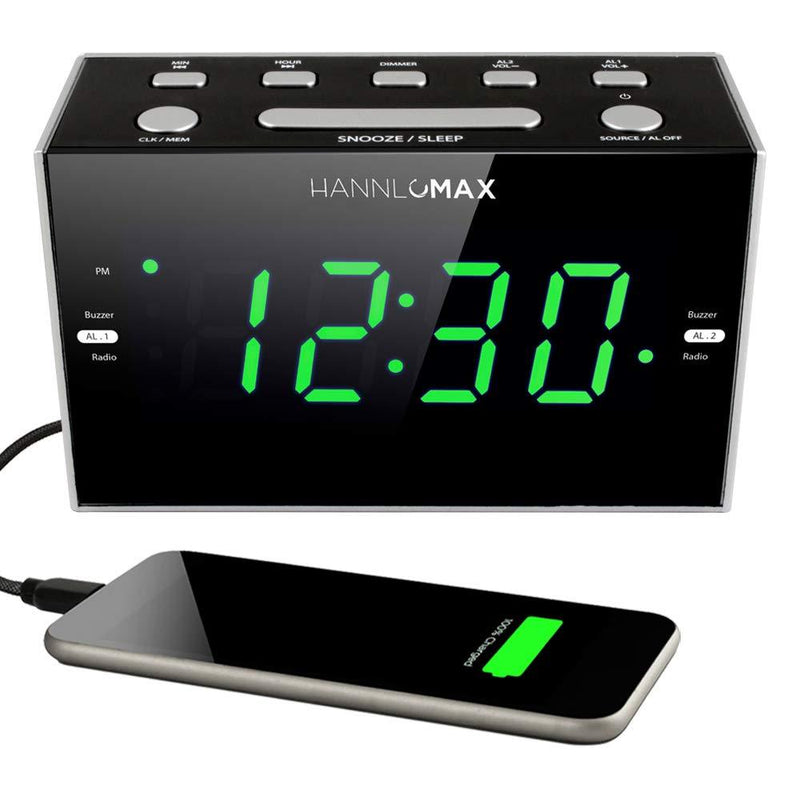 NewNest Australia - HANNLOMAX HX-122CR Alarm Clock Radio, PLL FM Radio, Green LED 1.2 Inches Display, USB Port for 1A Charging, Dimmer Function 