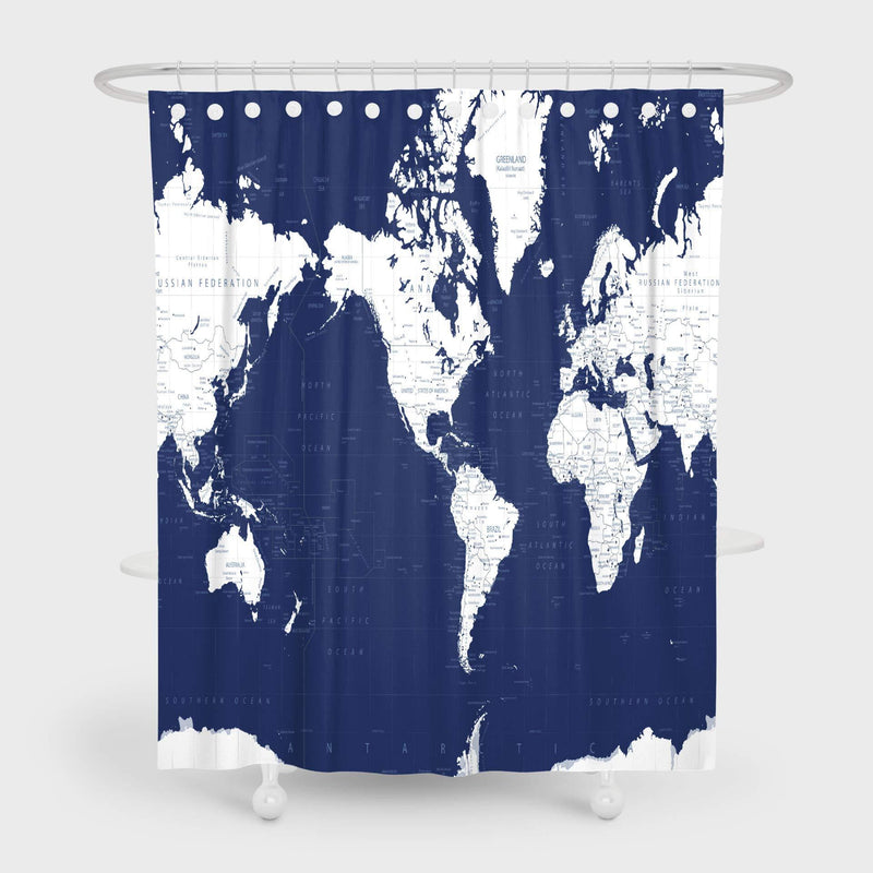 Navy Blue White World Map Shower Curtain Set Ocean Nautical Geography with Detailed Major Cities Pattern Design Decorative Waterproof Polyester Fabric Bathroom Decor 72”x72” with Hooks - NewNest Australia