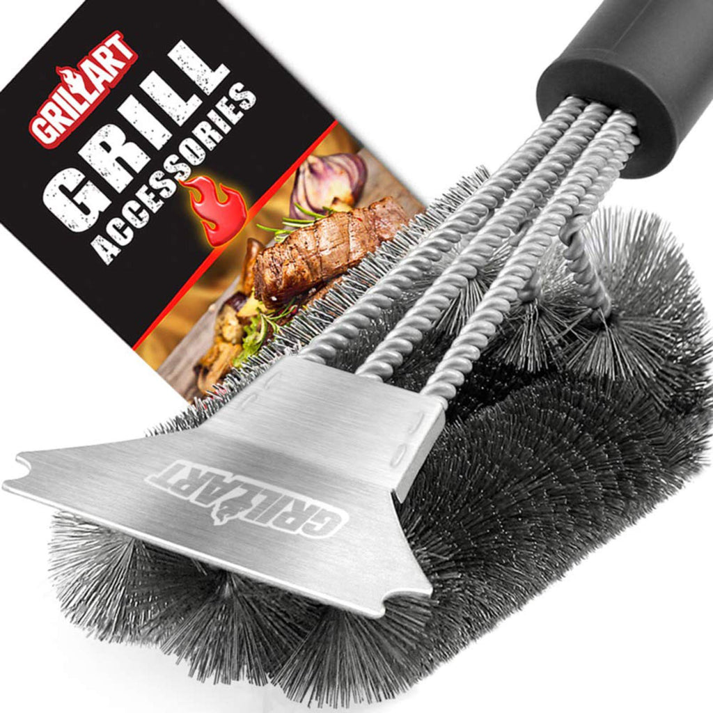 NewNest Australia - Grill Brush and Scraper - Extra Strong BBQ Cleaner Accessories - Safe Wire Bristles 18" Stainless Steel Barbecue Triple Scrubber Cleaning Brush for Gas/Charcoal Grilling Grates, Wizard Tool 