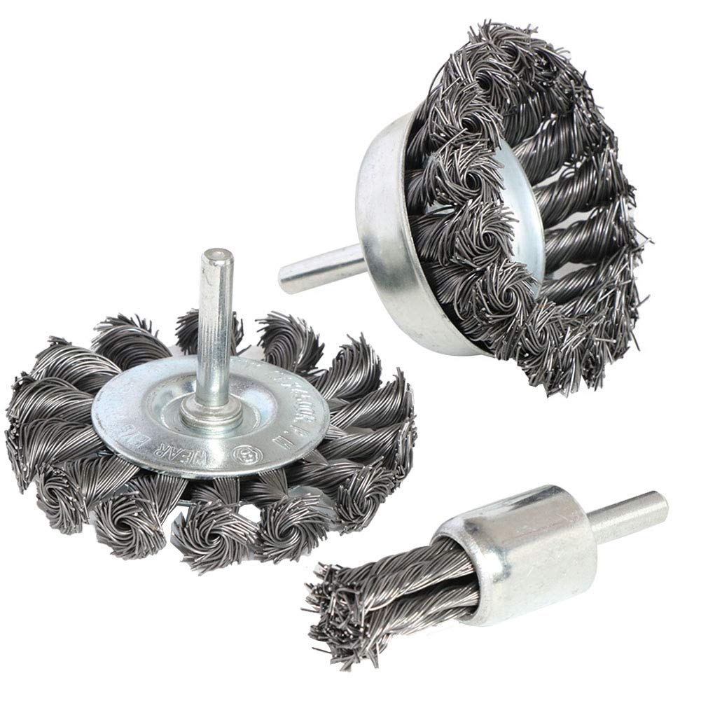 FPPO 3PCS 3 Inch Knotted Wire Wheel Cup Brush and Twist End Brush Set,1/4" Shank for Drill,Perfect For Rust Removal, Corrosion and Paint - NewNest Australia