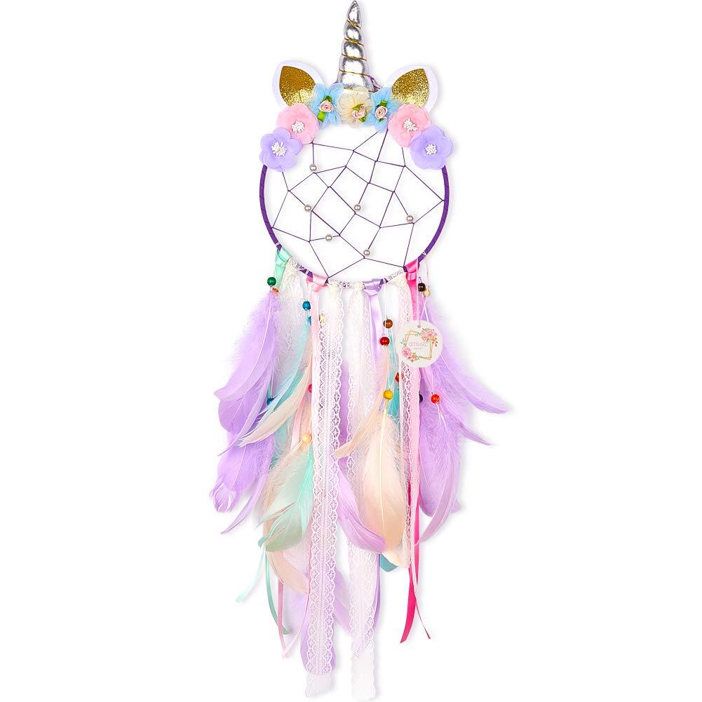 NewNest Australia - QtGirl Dream Catchers for Kids Unicorn Dream Catcher Feather Wall Decor for Girls Bedroom Flower Wall Hanging Decoration Flower Dream Catcher Purple 