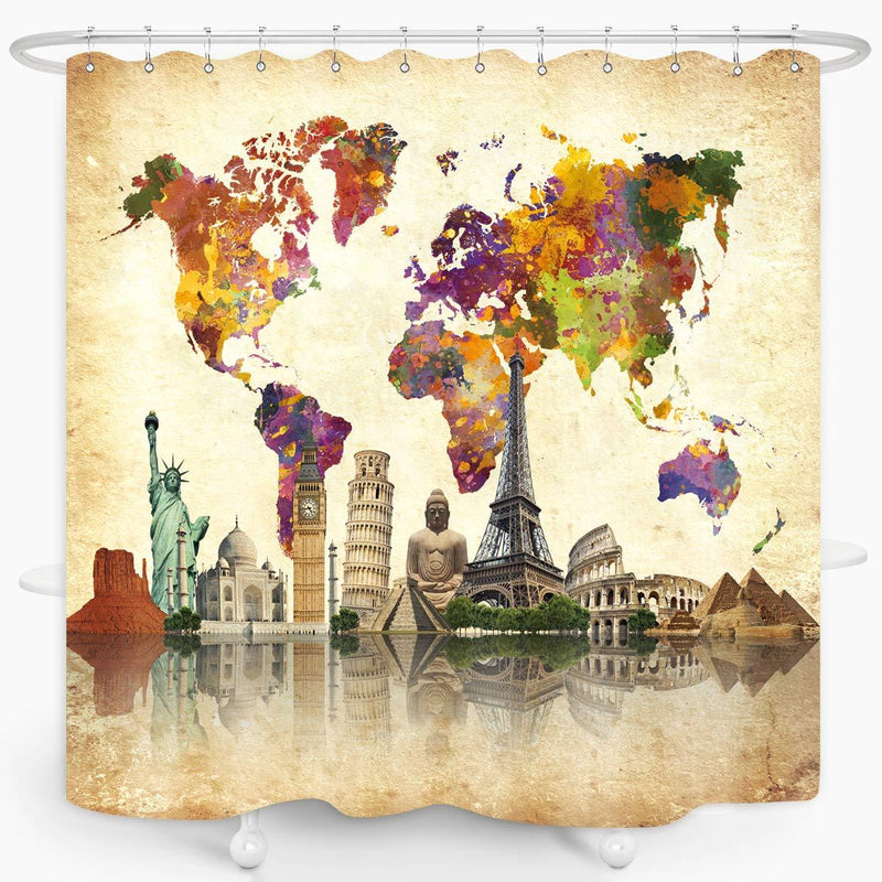 Vintage World Map Shower Curtain Famous Culture Landmark Statue of Liberty Eiffel Tower Big Ben Spot Waterproof Fabric Bathroom Décor Set 72x72 Inch Plastic Hooks 12 PCS Multicolor - NewNest Australia