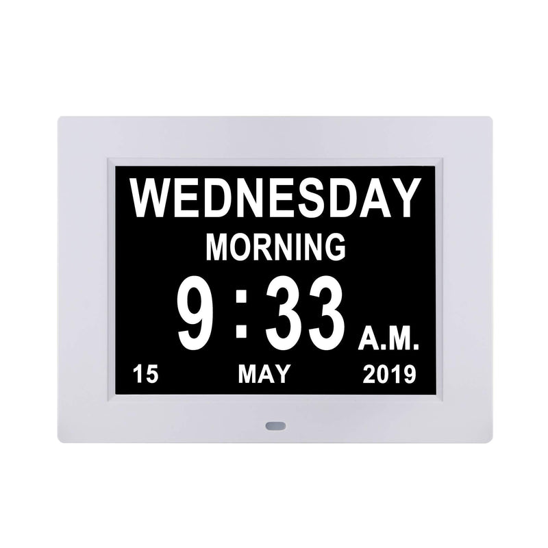 NewNest Australia - [Remote Control] Digital Day Calendar Clock 12 Alarms Non-Abbreviations Day & Month Electronic Dementia Alzheimer Vision Impaired Memory Loss Desk Wall Clock 8 inch White 