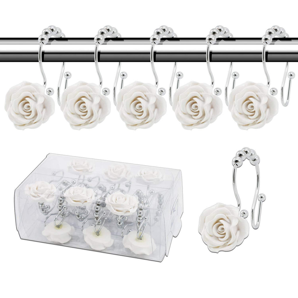 BEAVO Rose Shower Curtain Hooks,12 Pcs Double Glide Shower Curtain Rings Stainless Steel Rustproof Decorative Shower Hook Ring with Resin Rose Flower for Bathroom Shower Rods (White) White Rose hooks - NewNest Australia