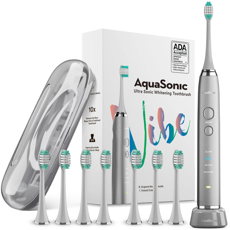 AquaSonic Vibe Series Ultra Whitening Toothbrush – ADA Accepted Electric Toothbrush - 8 Brush Heads & Travel Case - Ultra Sonic Motor & Wireless Charging - 4 Modes w Smart Timer – Charcoal Metallic - NewNest Australia