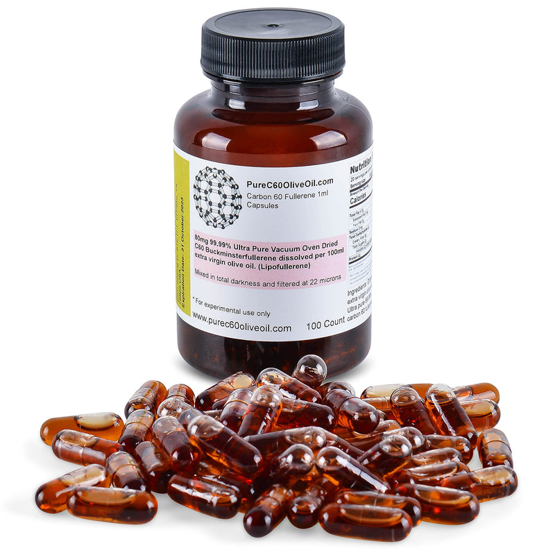 PureC60OliveOil C60 Olive Oil Capsules Pills 100ml / 3.4 Fl Oz - 99.99% Carbon 60 Solvent Free 80mg - Food Grade - Carbon 60 Olive Oil - From The Leading Global Producer - NewNest Australia