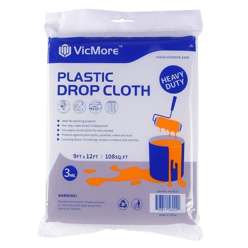 VICMORE Heavy Duty 3 Mil Plastic Drop Cloth for Painting 9 Feet by 12 Feet Strong and Durable Painters Plastic Tarp Waterproof Clear Cover 9ft x 12ft, Heavy Duty - NewNest Australia