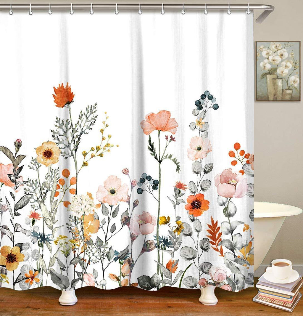 LIVILAN Fabric Floral Shower Curtain Set with 12 Hooks Watercolor Decorative Bath Curtain Modern Bathroom Accessories, Machine Washable, Multi-Color Botanical Flowers and Leaves, 72" X 72" 72" X 72" - NewNest Australia