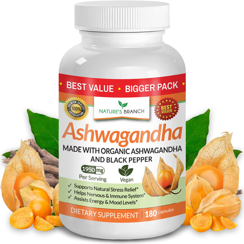 Organic Ashwagandha with Black Pepper - 180 Capsules - 1950mg Maximum Strength for Stress and Mood Support, Sleep, Thyroid, Energy, Hair Pure Root Extract Powder - Vegan Supplements for Men and Women - NewNest Australia